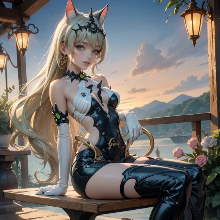 1girl, white maid dress, jewelry, green hair, flowing hair, long hair, white roses, firefly, oriental architecture, Chinese maid dress, white laces, white boots, gold details on her clothes, cat ears, animal ears, lake, seat ont he water, a garden with lake scenery, white roses, flowers, more details, perfectly body, perfectly hands, two hands, two legs, two arms, five fingers, glowing hair, best quality, cat ears, animal ears, tail ornament, tail bow, white gloves, two cat tail, white gloves, alone, maid headdress, choker, detached sleeves, maid dress, maid white dress, strapless, masterpeice, best quality, detailed face, night, mobius (honkai impact), honkai (series), honkai impact 3rd, asymmetrical gloves, bangs, white short skirt , white gloves, white boots, earrings, elbow gloves, fishnet thighhighs, fishmasterpeice, solo, best quality, detailed face, gloves, green eyes, green hair, hair between eyes, jewelry, long hair, looking at viewer, single earring, sky, sleeveless, solo, thigh boots, thighhighs, tongue, tongue out, uneven gloves, sitting, cat ears, animal ears, cat tail, holding a ice cream