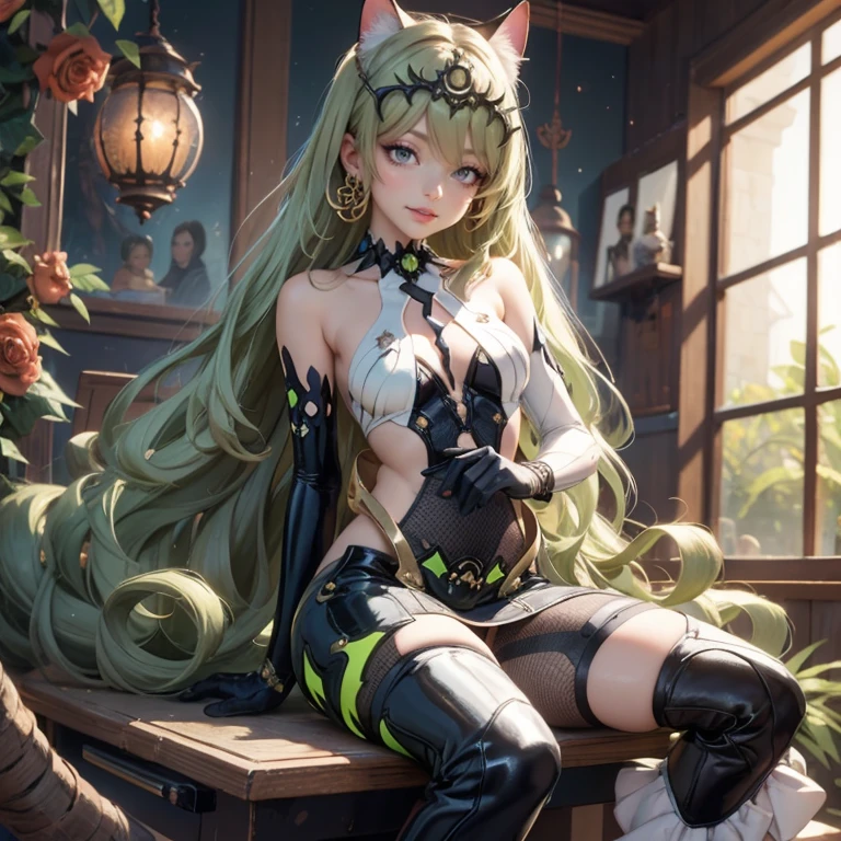 1girl, white maid dress, jewelry, green hair, flowing hair, long hair, white roses, firefly, oriental architecture, Chinese maid dress, white laces, white boots, gold details on her clothes, cat ears, animal ears, lake, seat ont he water, a garden with lake scenery, white roses, flowers, more details, perfectly body, perfectly hands, two hands, two legs, two arms, five fingers, glowing hair, best quality, cat ears, animal ears, tail ornament, tail bow, white gloves, two cat tail, white gloves, alone, maid headdress, choker, detached sleeves, maid dress, maid white dress, strapless, masterpeice, best quality, detailed face, night, mobius (honkai impact), honkai (series), honkai impact 3rd, asymmetrical gloves, bangs, white short skirt , white gloves, white boots, earrings, elbow gloves, fishnet thighhighs, fishmasterpeice, solo, best quality, detailed face, gloves, green eyes, green hair, hair between eyes, jewelry, long hair, looking at viewer, single earring, sky, sleeveless, solo, thigh boots, thighhighs, tongue, tongue out, uneven gloves, sitting, cat ears, animal ears, cat tail, holding a ice cream