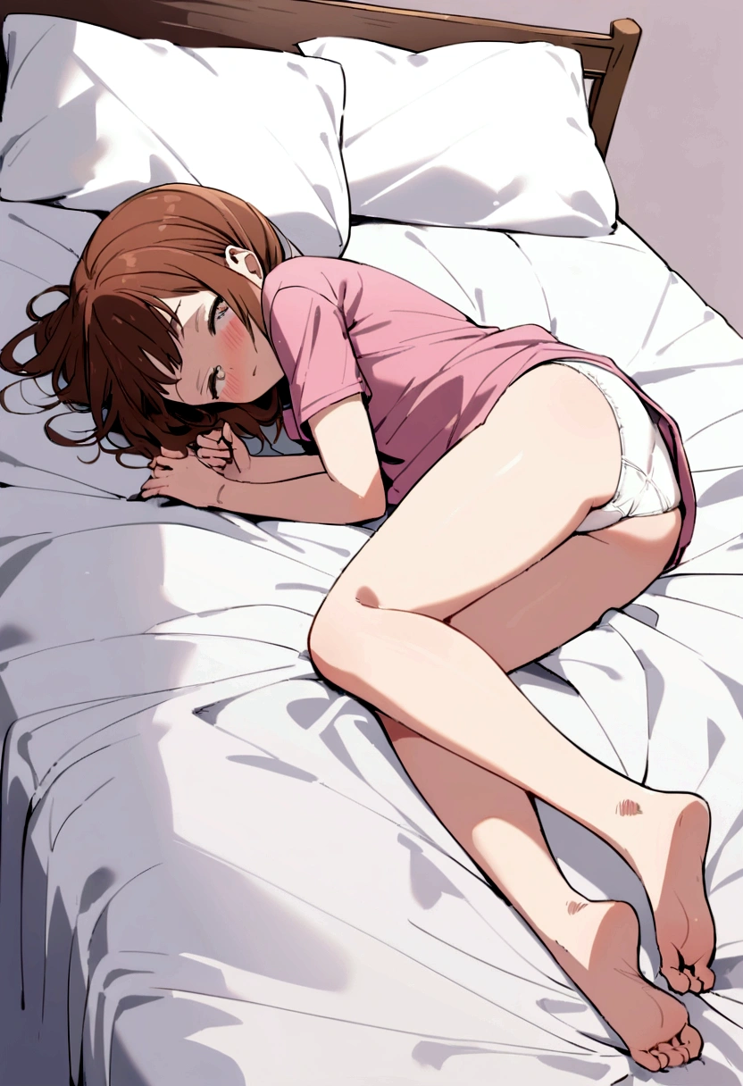Ochako Uraraka lying face down on the bed with shy face in small pink t-shirt and white panties bare feet looking at the camera