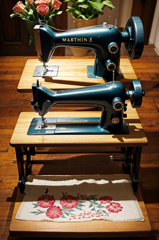 Animated image of sewing machine and flowers that says "Martha"