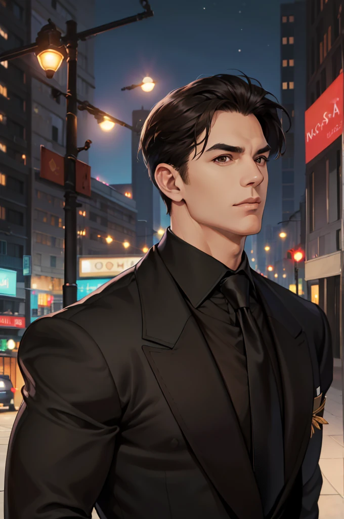 (absurdres, highres, ultra detailed, realistic, ), 1 male, solo, adult, mature, tall muscular guy, broad shoulders, handsome, very short hair, black hair, brown eyes, angular jaw, thick neck, thick eyebrows, night, dark, the night view of the city background, formal suit, necktie, upper body