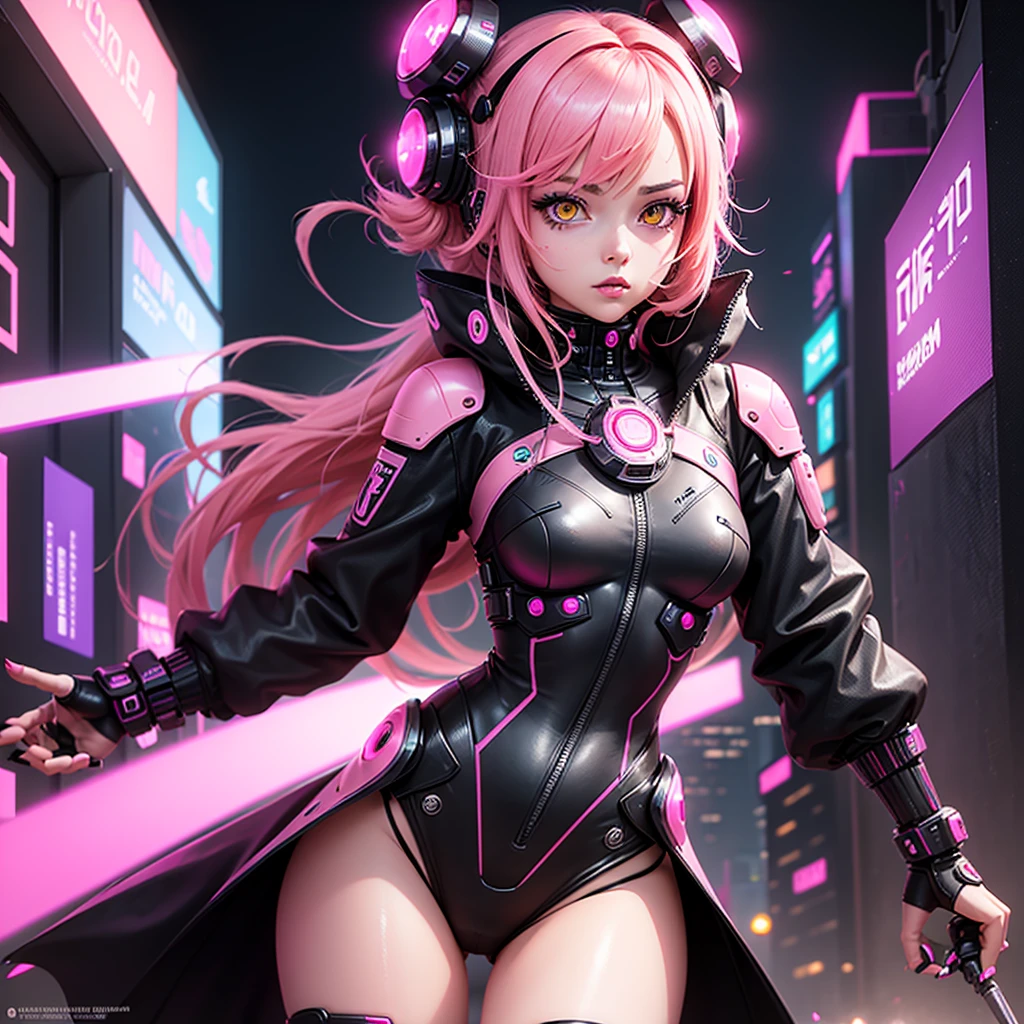 Lonely Android Girl with pink hair in a pink suit with small yellow elements woman half cyborg modification Beautiful sexy with bright yellow eyes stands in full height with a half turn sideways Anime Style black background Cyberpunk style, Robot Girl, black background image of night black city and pink neon lights