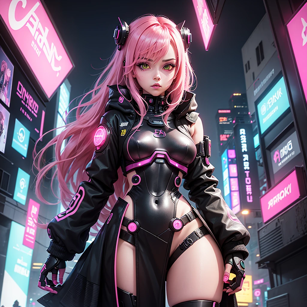 Lonely Android Girl with pink hair in a pink suit with small yellow elements woman half cyborg modification Beautiful sexy with bright yellow eyes stands in full height with a half turn sideways Anime Style black background Cyberpunk style, Robot Girl, black background image of night black city and pink neon lights