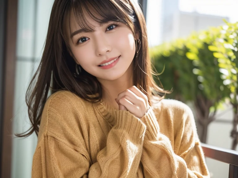 In detail, High resolution, high quality、Perfect dynamic composition, Beautiful attention to detail, Medium Hair, 、Natural color lip,Kamimei、Shibuya Ward、company employee、1 person、Clear Skin、Shiny Hair、Tabletop, 最high quality, figure, Ultra-detailed details, High resolution, 8K,sweater(light brown)And a long skirt(black),Rest your chin on your hands,Anatomically correct,cute,Perfect and beautiful hands,smile