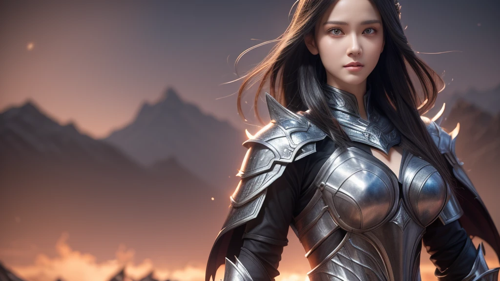 Close-up of woman holding sword and armor, Armor Girl, 2. 5D CGI anime fantasy artwork, Large Breasts,Epic fantasy digital art style, detailed Digital 2D fantasy art, Digital 2D fantasy art, original photo, (best quality:1.3), high resolution, (masterpiece), (lifelike:1.4), Professional photography, Clear focus, High Dynamic Range, 8k resolution, Intricate details, Fine details, Depth of Field, Extremely detailed CG unified 8k wallpaper, masterpiece,poster,best quality,Official Art,(Beauty and aesthetics:1.2),(masterpiece:1.3),Miss,personal,Light Leather Armor,complex pattern,winter,Snow Mountain,Medium distance photography,(midnight),dramatic,Giant bat wings,