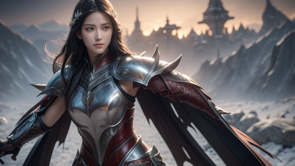 Close-up of woman holding sword and armor, Armor Girl, 2. 5D CGI anime fantasy artwork, Large Breasts,Epic fantasy digital art style, detailed Digital 2D fantasy art, Digital 2D fantasy art, original photo, (best quality:1.3), high resolution, (masterpiece), (lifelike:1.4), Professional photography, Clear focus, High Dynamic Range, 8k resolution, Intricate details, Fine details, Depth of Field, Extremely detailed CG unified 8k wallpaper, masterpiece,poster,best quality,Official Art,(Beauty and aesthetics:1.2),(masterpiece:1.3),Miss,personal,Light Leather Armor,complex pattern,winter,Snow Mountain,Medium distance photography,(midnight),dramatic,Giant bat wings,