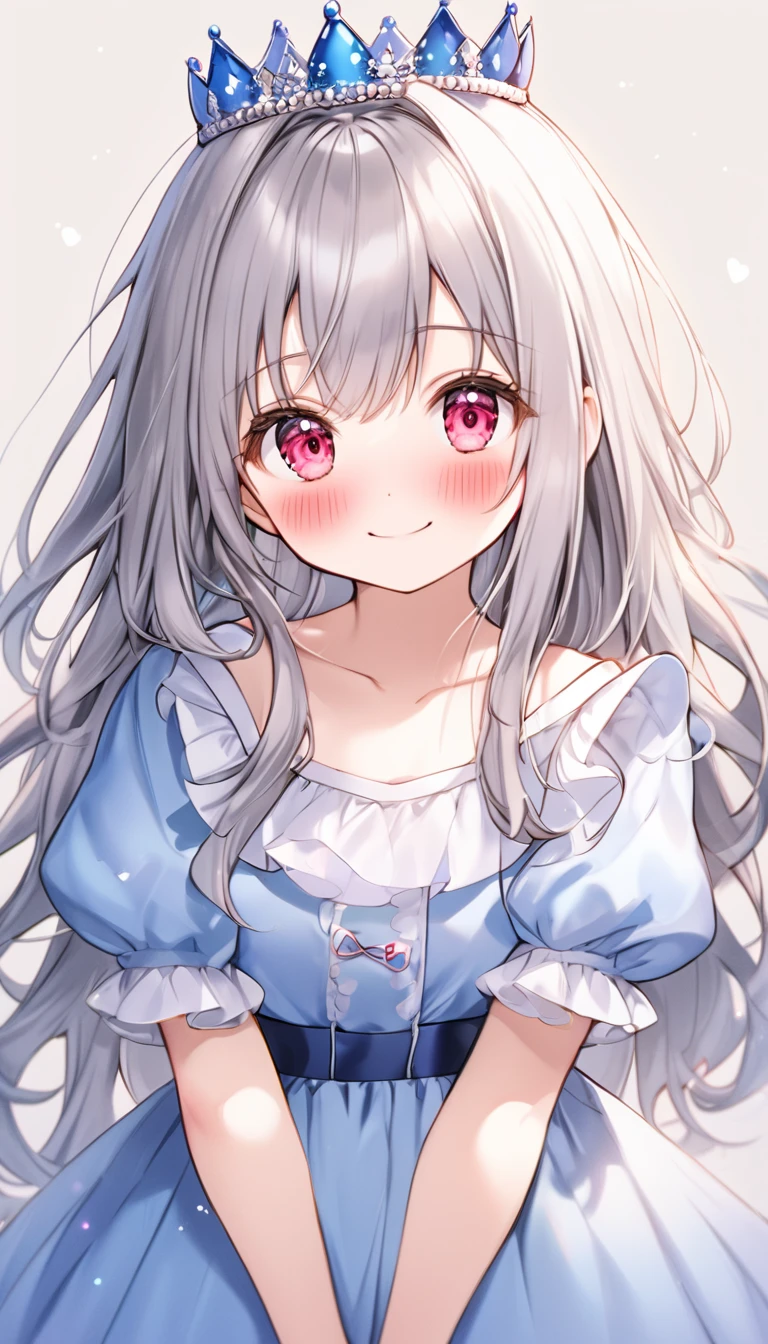 1girl, solo, long hair, looking at viewer, blush, smile, bangs, red eyes, dress, closed mouth, collarbone, short sleeves, grey hair, frills, puffy sleeves, pink eyes, puffy short sleeves, blue dress, frilled dress, tiara, aged down, crown, , v arms