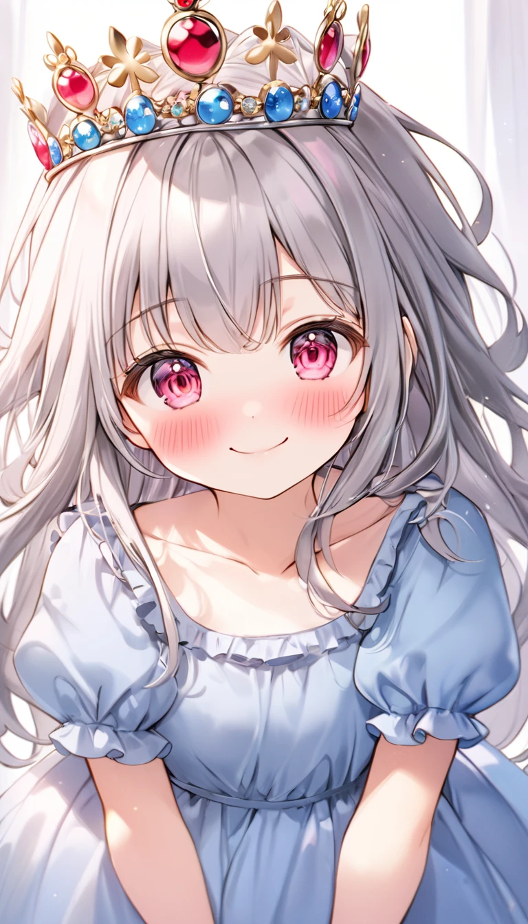 1girl, solo, long hair, looking at viewer, blush, smile, bangs, red eyes, dress, closed mouth, collarbone, short sleeves, grey hair, frills, puffy sleeves, pink eyes, puffy short sleeves, blue dress, frilled dress, tiara, aged down, crown, , v arms