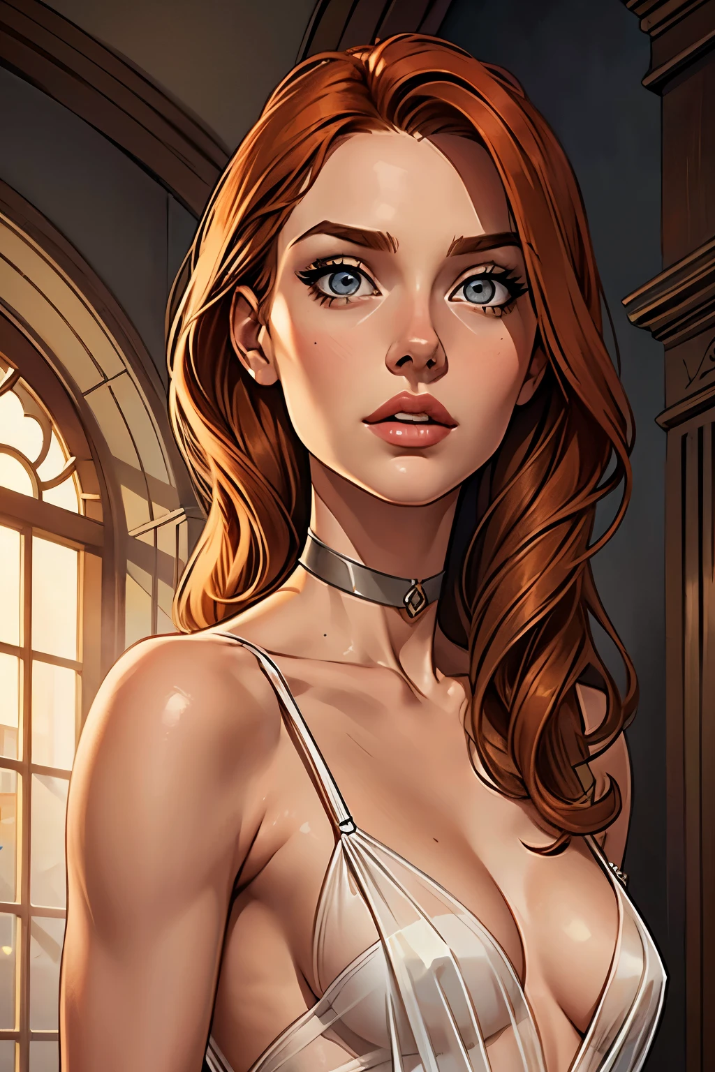 best qualityer, work of art, (realisitic: 1.2), 1 girl, slender girl, ginger hair, eyes browns, 3/4 view, face detailed, gorgeous eyes, eyes gray, eyes large, breasts small, choker, see through gown