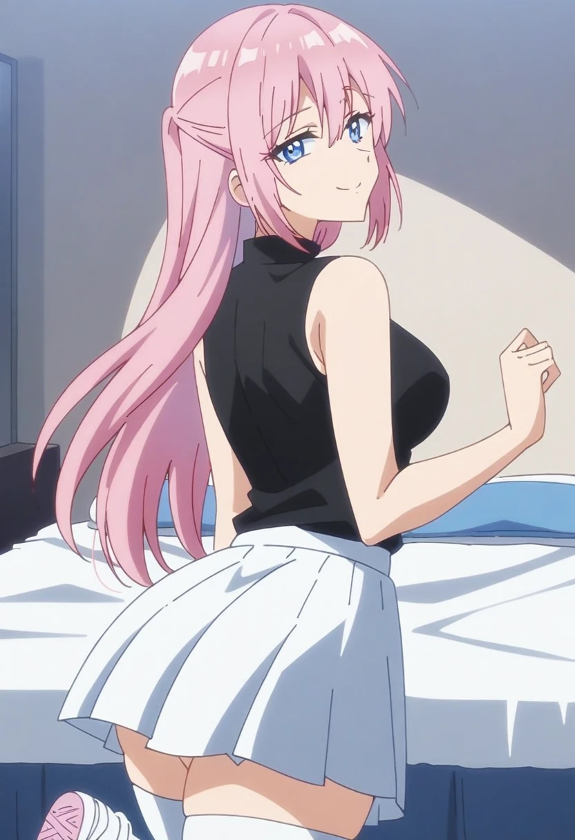 anime art style, 2d, masterpiece, best quality, very aesthetic, absurdres, dynamic shadows, atmosferic, shikimorisan, (1girl), pink hair, long hair, blue eyes, narrowed eyes, detailed eyes, hair between eyes, bangs, medium breasts, makeup, curvy body, sexy, turtleneck shirt, black shirt, white skirt, pleated skirt, white thighhighs, see-throught thighhighs, bare arms, sneakers, smile, ((cowboy shot)), (from back), (standing on one leg), (on bed), (indoors), (looking at viewer:1.0)