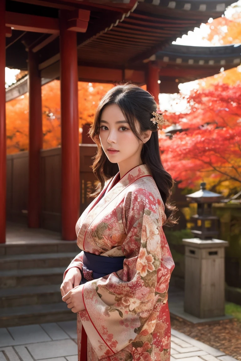 Busty Japanese woman in an elaborate kimono, A gorgeous shrine, Cinematic atmosphere, (Highest quality,4K,8K,High resolution,masterpiece:1.2),Super detailed,(Realistic,photoRealistic,photo-Realistic:1.37),(View your viewers),Highly detailed face,Beautiful attention to detail,Beautiful lip detail,Highly detailed eyes and face,Long eyelashes,Intricate Kimono Design,A gorgeous shrine background,Warm lighting,Dramatic Shadows,Vibrant colors,photoRealistic