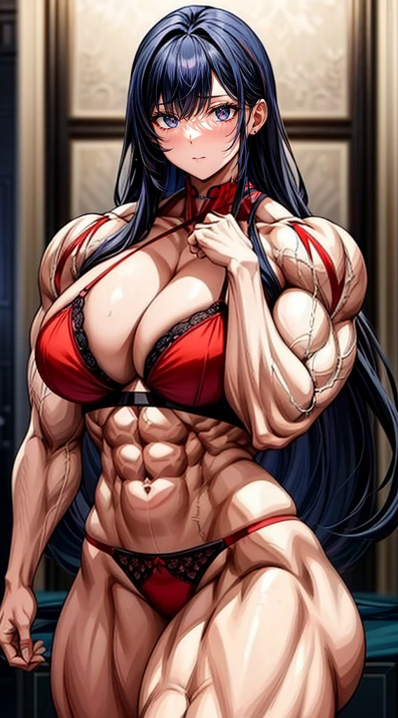 a muscular 2 meter heighted and 3 meter width female bodybuilder in (( red bra and panties, her hair is (gradient of dark blue and red) from end to the right side of head)), detailed face, beautiful detailed eyes, beautiful detailed lips, ((extremely detailed face and muscles)), long eyelashes, athletic fitness, ripped muscles, toned abs, detailed face, beautiful detailed eyes, beautiful detailed lips, extremely detailed face and skin, flawless skin, dramatic lighting, cinematic lighting, dramatic shadows, moody atmosphere, high contrast, warm color palette, glowing skin, natural skin texture, fitness, athletic, strong, powerful, feminine, confident