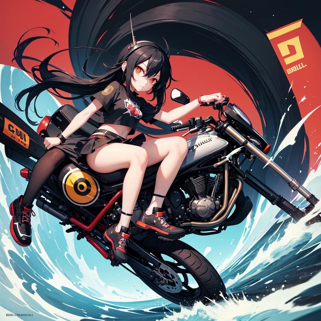 girl similar to gorillaz noodle, long black straight hair ((drawing)), ((anime girl nose)), riding a motorcycle, coming towards the viewer