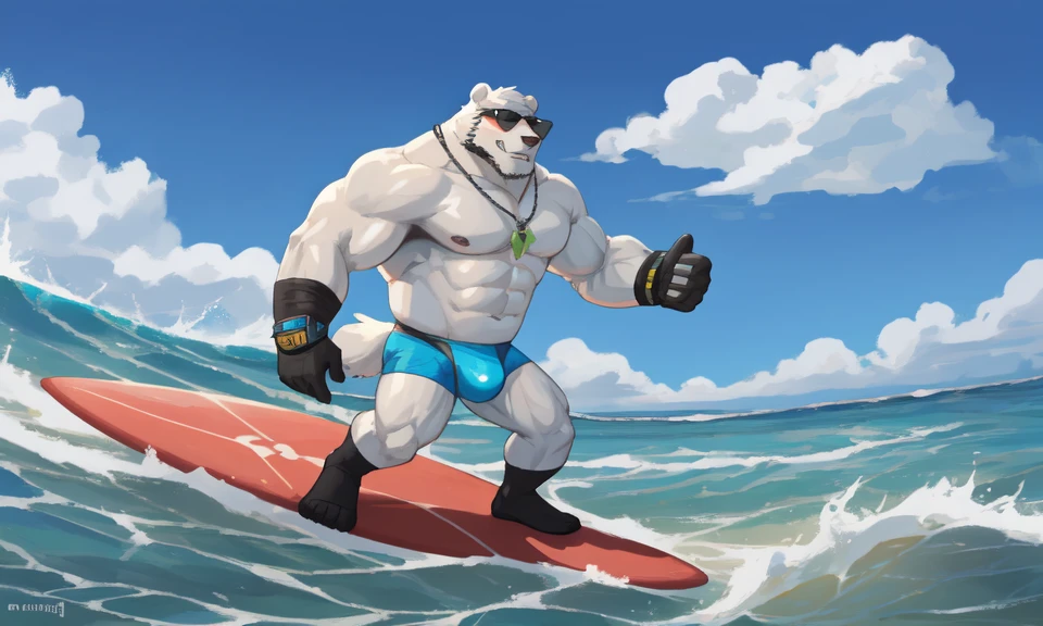 solo, 1boy, Huge Muscular Arctic Polar Bear Dad wearing black sunglasses, huge white fur, pectoral, huge pectoral, wide pectoral, short white hair, blue-colored competitive briefs, black wristbands and shirtless topless, bearded, white Mustache, white fur, tooth necklace, professional surfer, surf board, background, masterpiece, high detailed, 8k, high resolution, at the ocean, surfing the waves, riding the surfboard, gliding on the surfboard, being totally radical, surf's up dudes