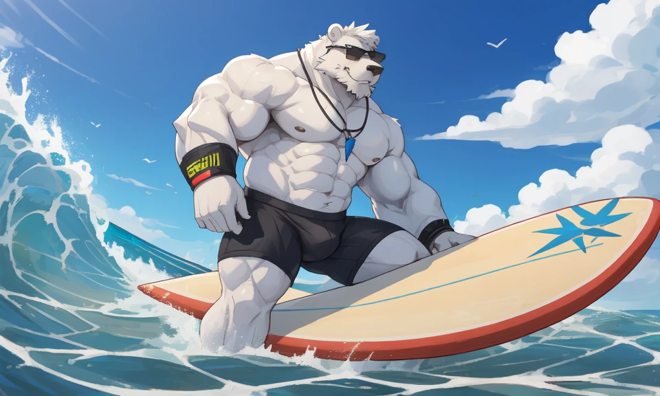 solo, 1boy, Huge Muscular White Polar Bear Dad wearing black sunglasses, huge white fur, pectoral, huge pectoral, wide pectoral, short white hair, blue-colored competitive briefs short black wristbands and shirtless topless, bearded, white Mustache, white fur, tooth necklace, professional surfer, surf board, background, masterpiece, high detailed, 8k, high resolution, at the ocean, surfing the waves, riding the surfboard, gliding on the surfboard, being totally radical, surf's up dudes