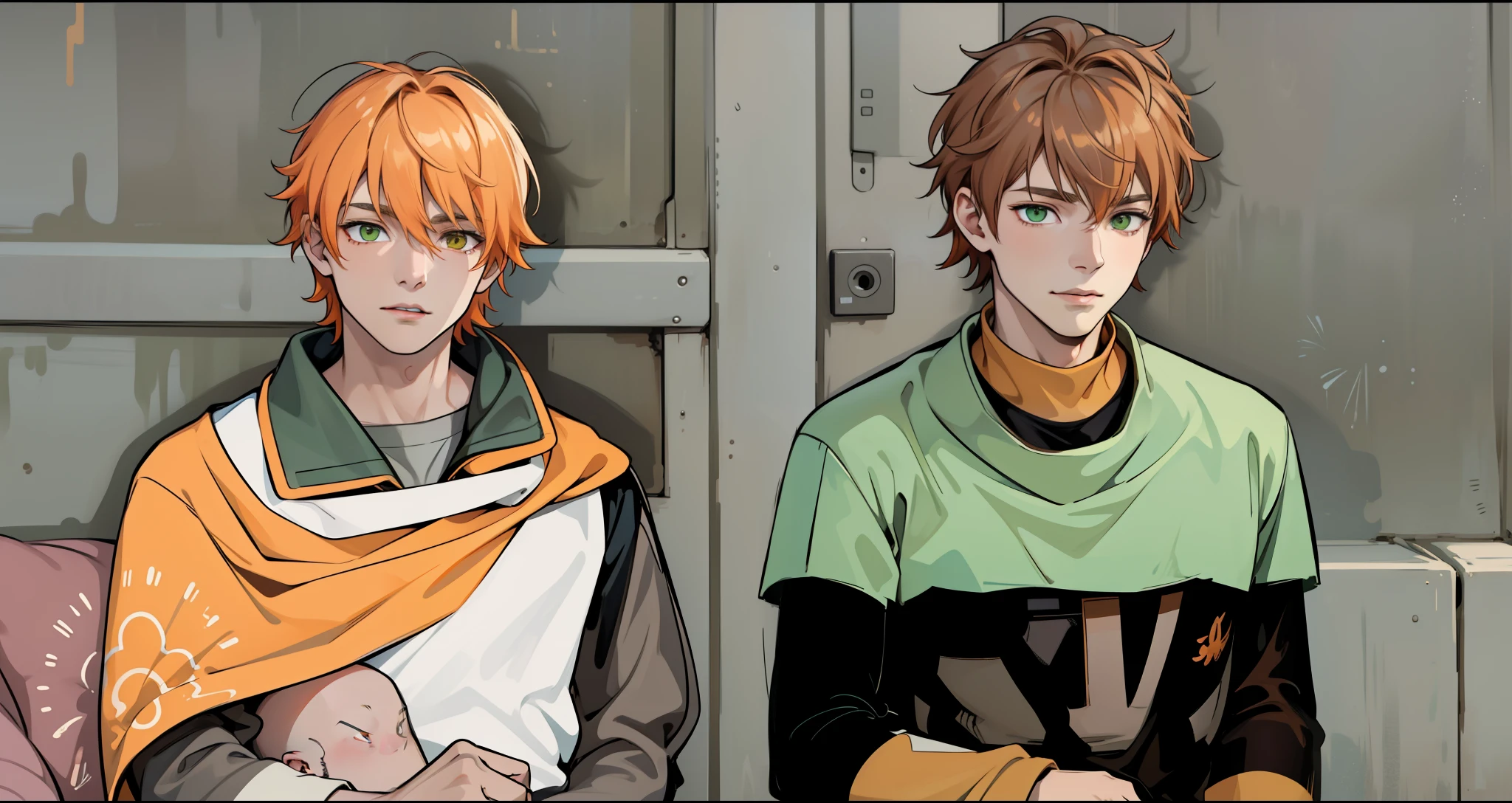 There are two young cute men of 18 years old sitting talking sadly, one has orange hair and orange eyes, the other has green eyes, brown hair combined with white locks.