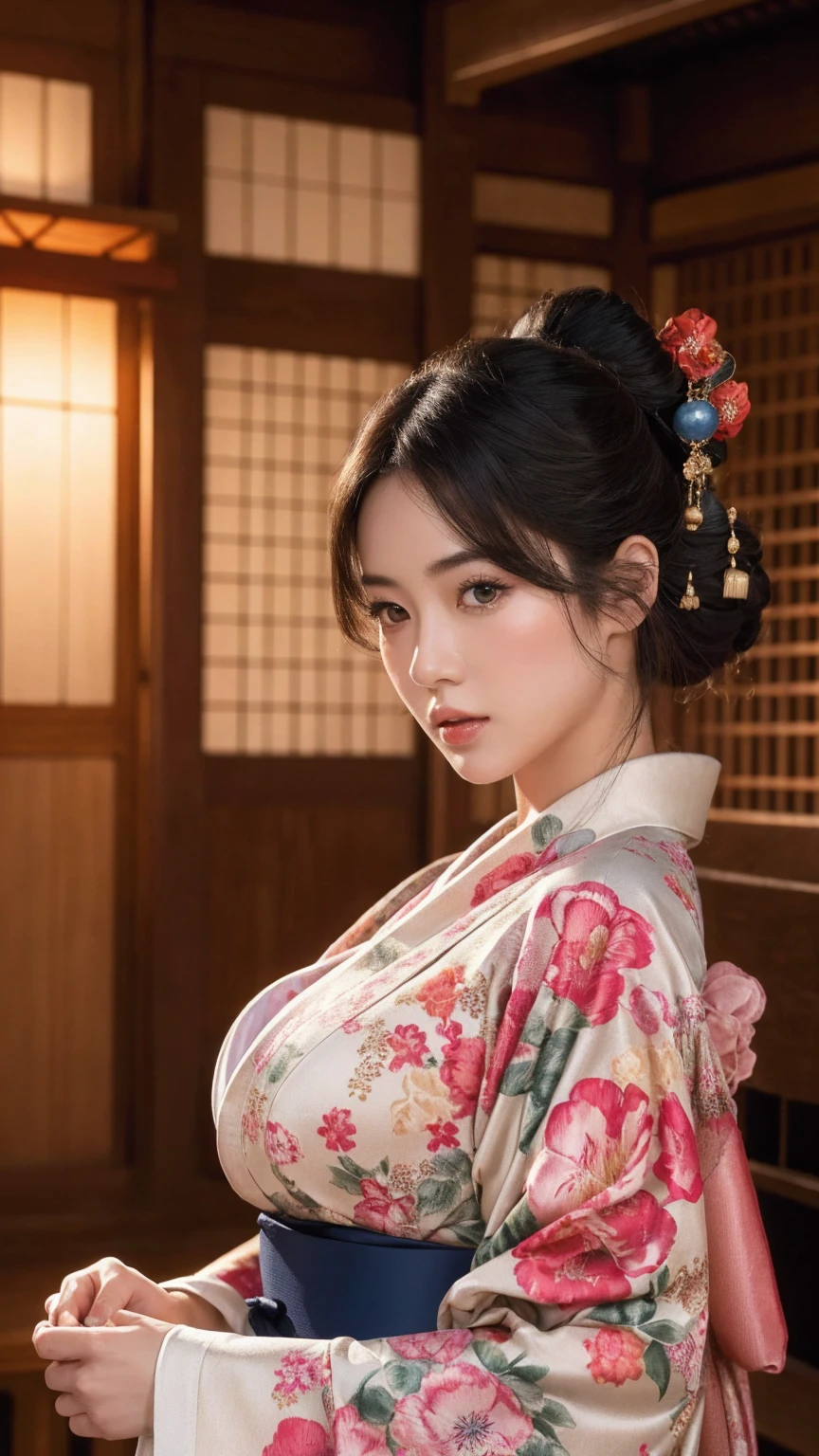 big breasted japanese woman in elaborate kimono, ornate shrine, cinematic atmosphere, (best quality,4k,8k,highres,masterpiece:1.2),ultra-detailed,(realistic,photorealistic,photo-realistic:1.37),(looking at viewer),highly detailed face,beautiful detailed eyes,beautiful detailed lips,extremely detailed eyes and face,long eyelashes,intricate kimono design,ornate shrine background,warm lighting,dramatic shadows,vibrant colors,photorealistic