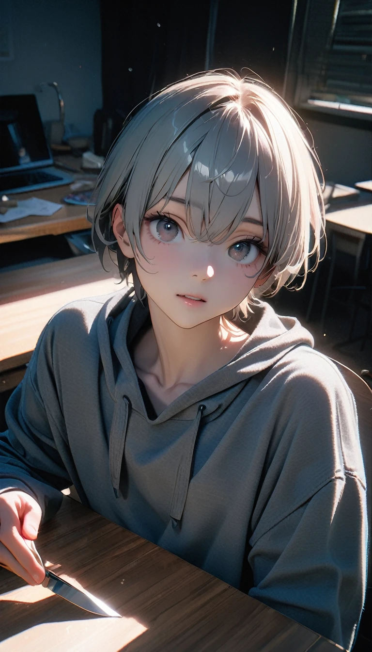 (8K, RAW photos, best quality, masterpiece: 1.4), (((The boy sits at the desk))),Ultra-high resolution, Extremely detailed, light, Upper body close-up, handsome boy, black eyes, (delicate eyes, Eyes are bright:1.2), Gray short hair, Fair skin,dark, Grey sweatshirt, sweatshirt with hood,(perfect anatomy:1.2), High-quality shadows, Natural Lighting, (White highlights:1.2), night, cloudy day, (at home:1.2), (Boning knife in hand:1.2)