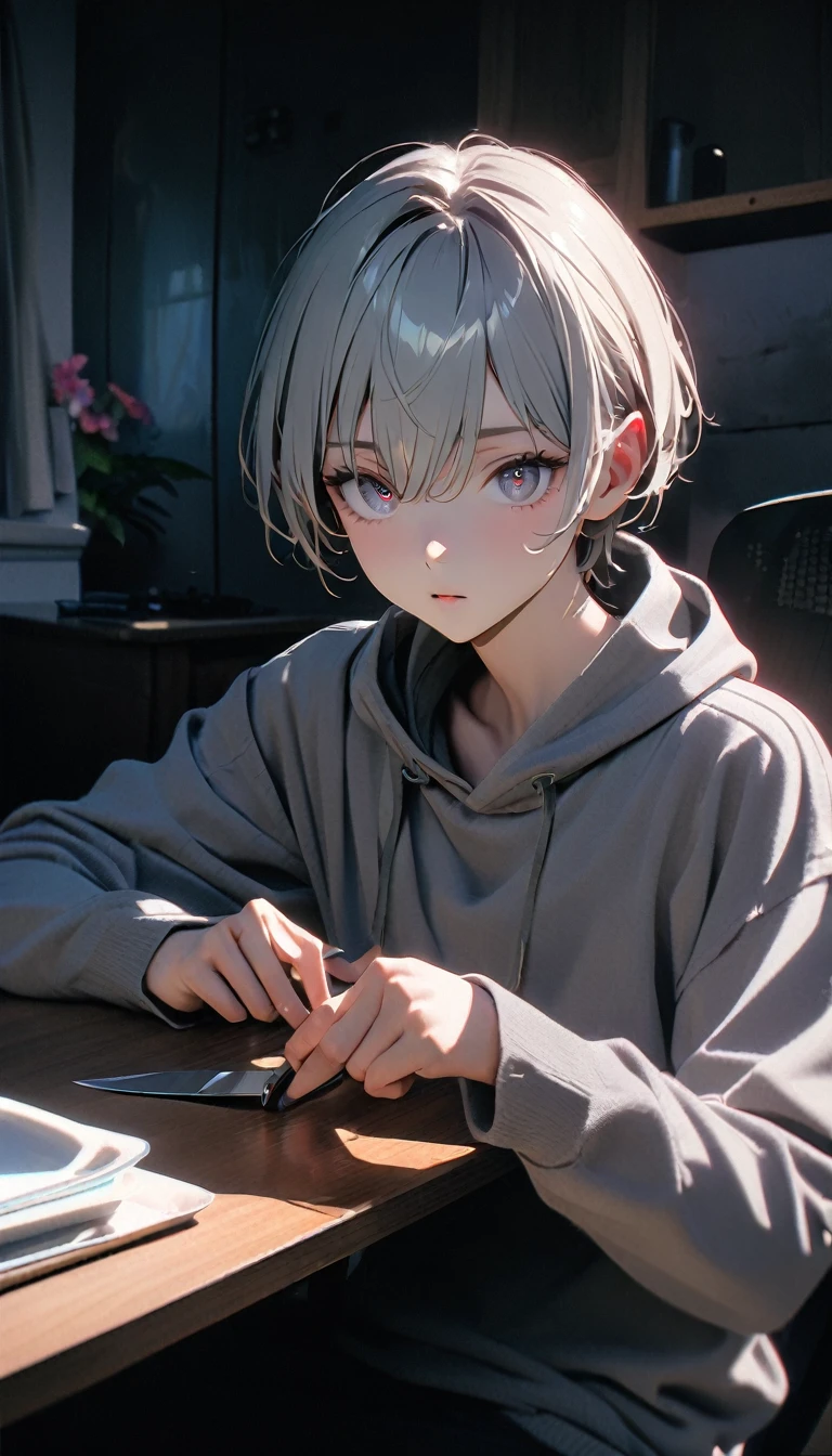(8K, RAW photos, best quality, masterpiece: 1.4), (((The boy sits at the desk)))，Ultra-high resolution, Extremely detailed, light, Upper body close-up, handsome boy, black eyes, (delicate eyes, Eyes are bright:1.2), Gray short hair, Fair skin,dark, Grey sweatshirt, sweatshirt with hood,(perfect anatomy:1.2), High-quality shadows, Natural Lighting, (White highlights:1.2), night, cloudy day, (at home:1.2), (Boning knife in hand:1.2)