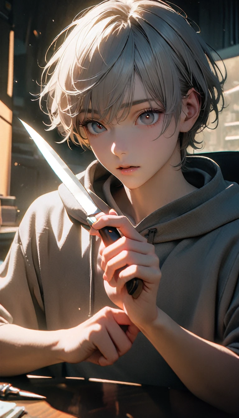 (8K, RAW photos, best quality, masterpiece: 1.4), (((The boy sits at the desk))),Ultra-high resolution, Extremely detailed, light, Upper body close-up, handsome boy, black eyes, (delicate eyes, Eyes are bright:1.2), Gray short hair, Fair skin,dark, Grey sweatshirt, sweatshirt with hood,(perfect anatomy:1.2), High-quality shadows, Natural Lighting, (White highlights:1.2), night, cloudy day, (at home:1.2), (Boning knife in hand:1.2)