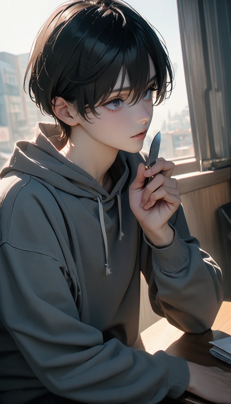 (8K, RAW photos, best quality, masterpiece: 1.4), (((The boy sits at the desk))),Ultra-high resolution, Extremely detailed, light, Upper body close-up, handsome boy, black eyes, (delicate eyes, Eyes are bright:1.2), Gray short hair, Fair skin,dark, Grey sweatshirt, sweatshirt with hood,(perfect anatomy:1.2), High-quality shadows, Natural Lighting, (White highlights:1.2), night, cloudy day, (at home:1.2), (Boning knife in hand:1.2)