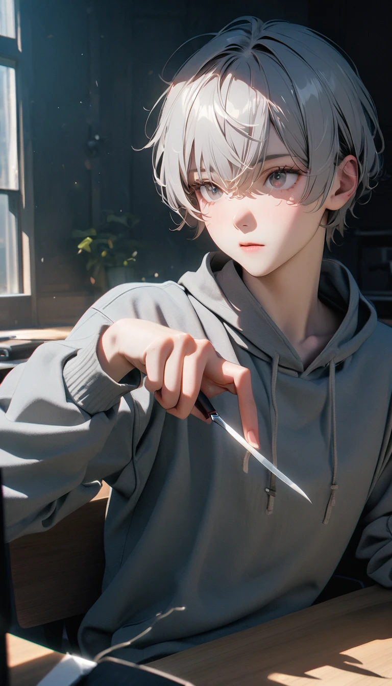 (8K, RAW photos, best quality, masterpiece: 1.4), (((The boy sits at the desk))),Ultra-high resolution, Extremely detailed, light, Upper body close-up, handsome boy, black eyes, (delicate eyes, Eyes are bright:1.2), Gray short hair, Fair skin,dark, Grey sweatshirt, sweatshirt with hood,(perfect anatomy:1.2), High-quality shadows, Natural Lighting, (White highlights:1.2), night, cloudy day, (at home:1.2), (Boning knife in hand:1.2)
