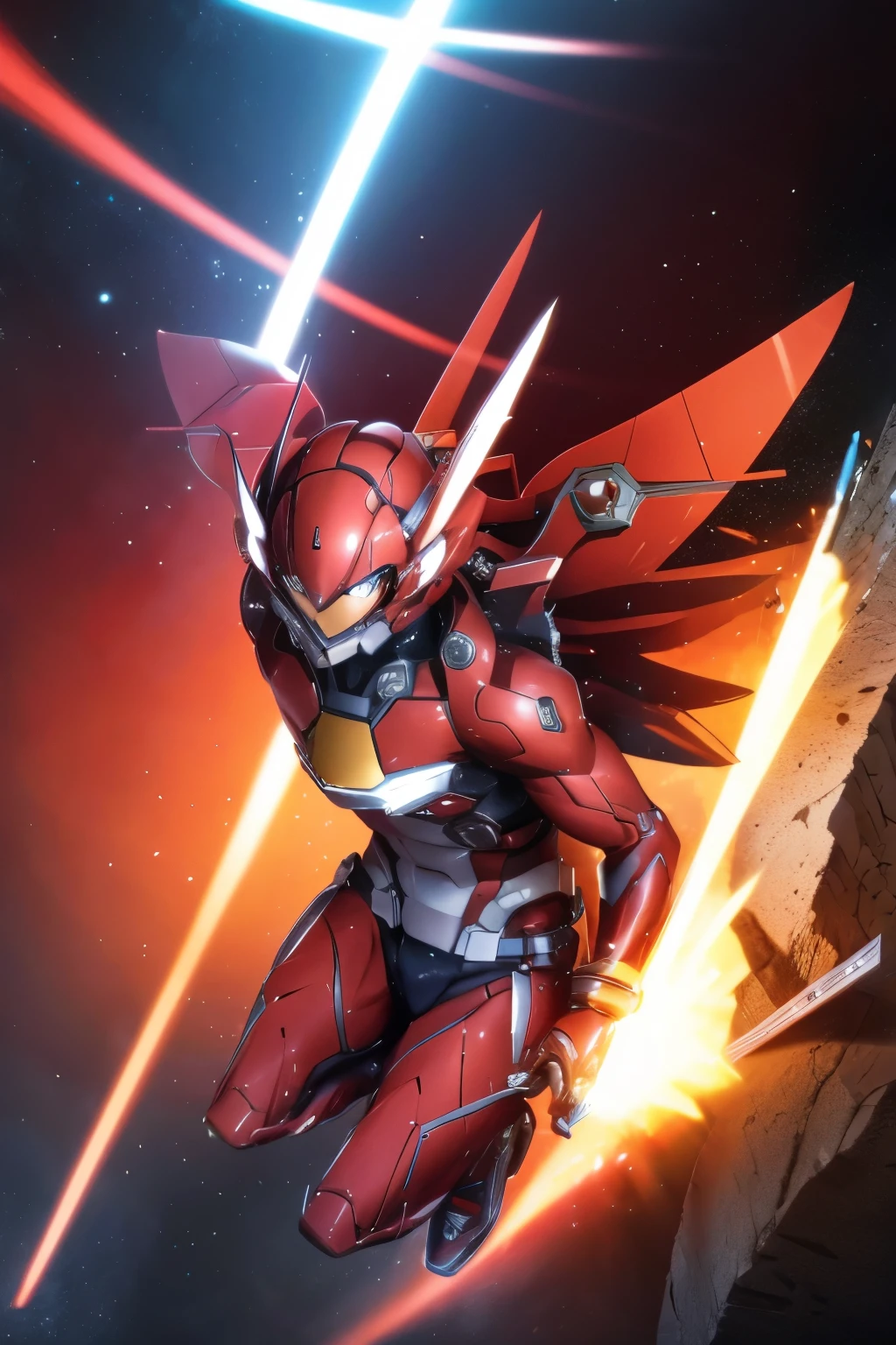 A highschool boy, wearing a red mecha iron terra swoop force suit, shining, gliding through a tunnel going down to the core of the earth,