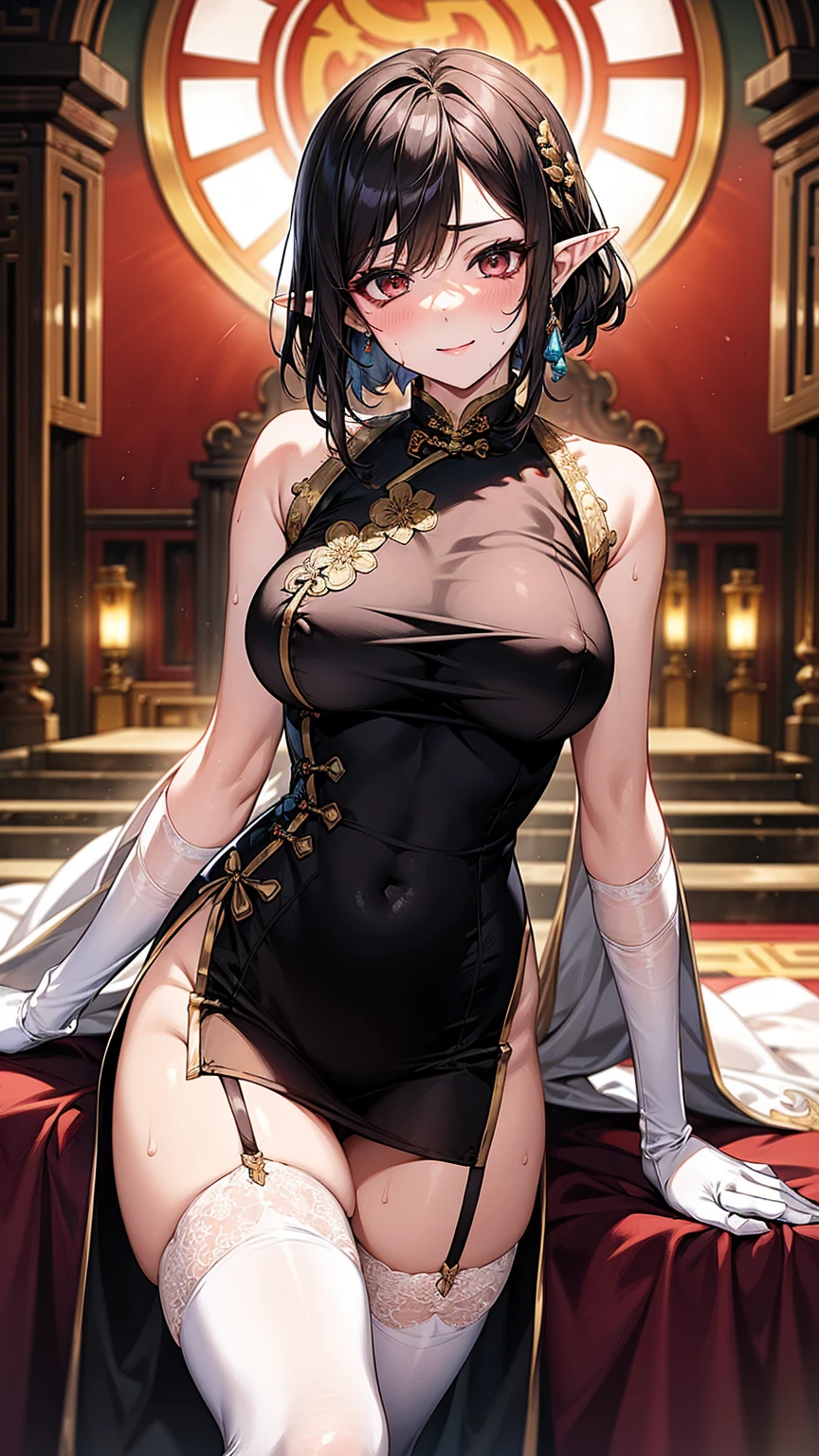 Elf、Brown Skin Camel Toe:1.4、(Sweat)、(vapor)、(((Long gloves:1.3)))、、Knee-high socks、Open your thighs wide to the left and right、crouch on the ground、Show the audience your crotch, (、, Spread your legs:1.3, ))、1、Absurd、、golden headband、Flat lighting、elevation、sexy pose、Highest quality、Complex、Surreal、perspective, Very detailed, Detailed Background, shape、1 Girl、alone、Big Breasts、A light smile, Embarrassing, blush, (()), Long gloves、- Elbow hand pockets、Nipples、sexy、Sensual, Huge breasts, White Chinese Dress, (Cheongsam with slit:1.3),), Bridal Legwear, (Asymmetrical legwear:1.1), Lace trim, (Showgirl skirt, Cross lace skirt, Tight Skirt, See-through skirt:0.5), , Single Bridal Gauntlet, (Bridal Garter:1.1), A beautiful woman with supple curves, Bare shoulders, Cowboy Shot, church, Bushes, wood, maniac, dynamicライト, dynamicシャドウ, the wind is strong, Stomach,Knee-high socks、Long gloves,Knee-high socks、Long gloves、Enchanting、Inviting、sexy、dynamic、Crouching。With legs spread。Sitting
