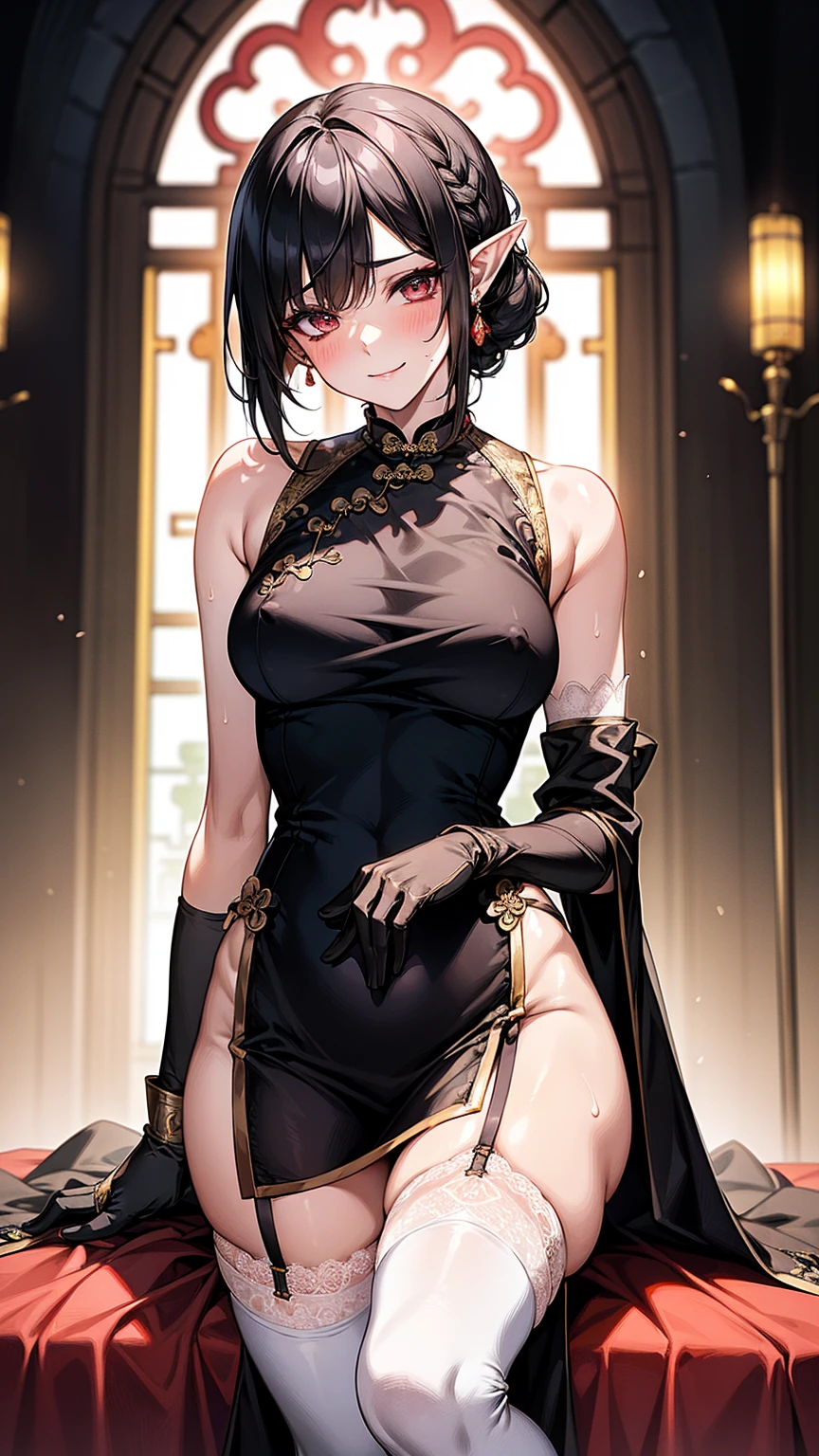 Elf、Brown Skin Camel Toe:1.4、(Sweat)、(vapor)、(((Long gloves:1.3)))、、Knee-high socks、Open your thighs wide to the left and right、crouch on the ground、Show the audience your crotch, (、, Spread your legs:1.3, ))、1、Absurd、、golden headband、Flat lighting、elevation、sexy pose、Highest quality、Complex、Surreal、perspective, Very detailed, Detailed Background, shape、1 Girl、alone、Big Breasts、A light smile, Embarrassing, blush, (()), Long gloves、- Elbow hand pockets、Nipples、sexy、Sensual, Huge breasts, White Chinese Dress, (Cheongsam with slit:1.3),), Bridal Legwear, (Asymmetrical legwear:1.1), Lace trim, (Showgirl skirt, Cross lace skirt, Tight Skirt, See-through skirt:0.5), , Single Bridal Gauntlet, (Bridal Garter:1.1), A beautiful woman with supple curves, Bare shoulders, Cowboy Shot, church, Bushes, wood, maniac, dynamicライト, dynamicシャドウ, the wind is strong, Stomach,Knee-high socks、Long gloves,Knee-high socks、Long gloves、Enchanting、Inviting、sexy、dynamic、Crouching。With legs spread。Sitting