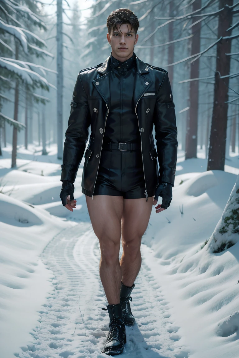 handsome boy, European style hair.  wearing a book coat made from a snow bear, slightly visible thighs.  very sexy, real prominent body curves, tight muscles, real detailed skin pores, walking in a forest full of snow.  passionate atmosphere.  Highly detailed 3D work 800k lighting, HD, 8k.  perfect anatomy.     Full body shot.