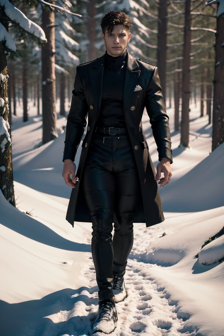 handsome boy, European style hair.  wearing a book coat made from a snow bear, slightly visible thighs.  very sexy, real prominent body curves, tight muscles, real detailed skin pores, walking in a forest full of snow.  passionate atmosphere.  Highly detailed 3D work 800k lighting, HD, 8k.  perfect anatomy.     Full body shot.