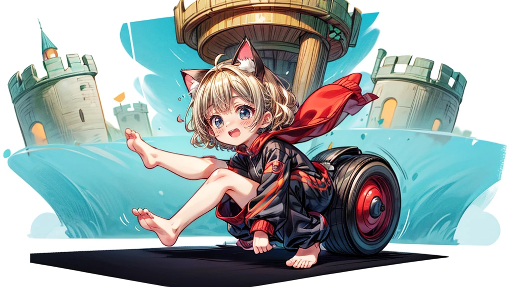 short hair、Cat ear、Flying Castle, Full of air,One girl、Big smile、Blonde Hair、short hair、Side hair is curled inward、Curly hair along the jawline、紺色のTracksuits_White line from shoulder to wrist、Black shorts、barefoot、Tracksuits、Turquoise Eyes