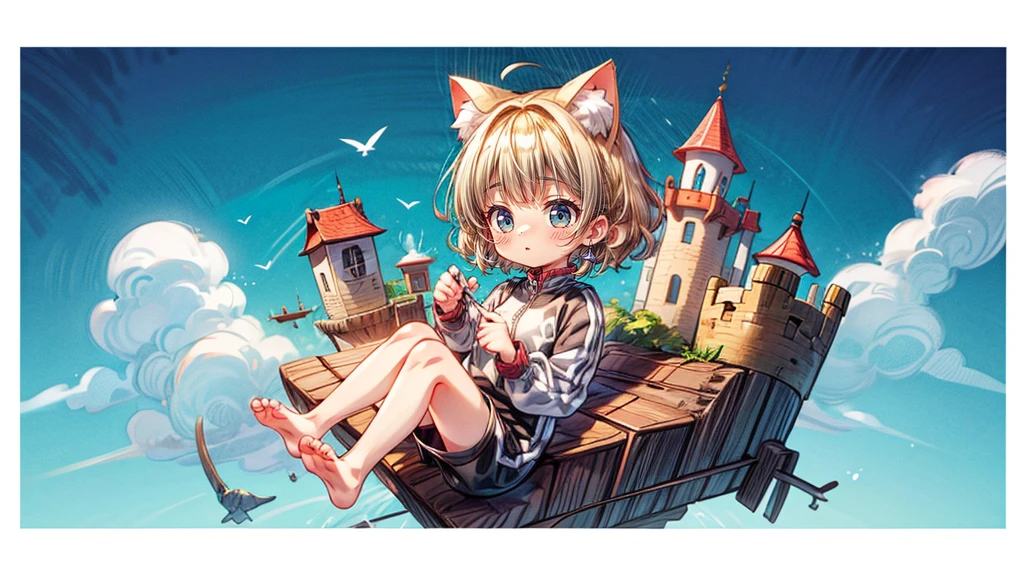 short hair、Cat ear、Flying Castle, Full of air,One girl、Big smile、Blonde Hair、short hair、Side hair is curled inward、Curly hair along the jawline、紺色のTracksuits_White line from shoulder to wrist、Black shorts、barefoot、Tracksuits、Turquoise Eyes