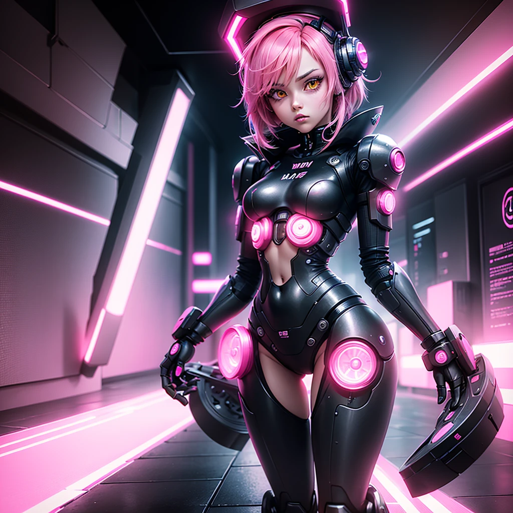 Lonely Android Girl with pink hair in a pink suit with small yellow elements woman half cyborg modification Sad Beautiful sexy with bright yellow eyes stands at full height with a half turn sideways Anime Style black background Cyberpunk style, Sexy thighs, black background image of night black city and pink neon lights