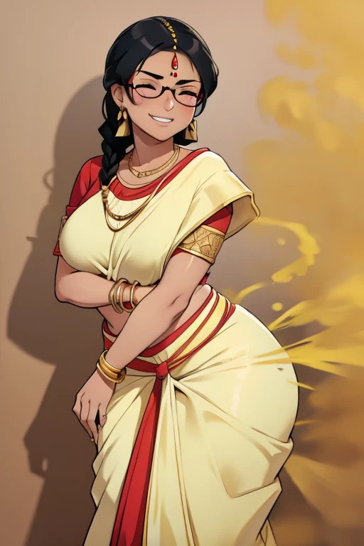 solo, 1female, indian teenage girl, black hair, hair tied in braids, tomboy hair bang, wearing glasses, blushing intensely, skinny body, dark skin, clenching teeth, smiley face, one eye closed, soft lips, red saree, wearing golden necklace and earrings, wearing golden bracelets, bend over, letting out fart, massive fart, yellow smoke rising, hand on tummy, sexy body, bending forward, leaning, hand on stomach