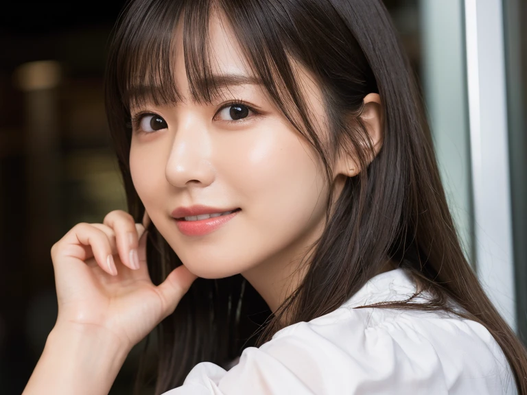 In detail, High resolution, high quality、Perfect dynamic composition, Beautiful attention to detail, Medium Hair, 、Natural color lip,Kamimei、Shibuya Ward、company employee、1 person、Clear Skin、Shiny Hair、Tabletop, 最high quality, figure, Ultra-detailed details, High resolution, 8K,T-Shirts(white)And a long skirt(black),Rest your chin on your hands,Anatomically correct,cute,Perfect and beautiful hands,smile