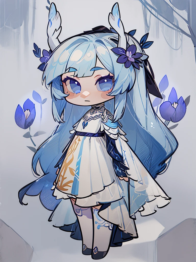 chibi, front facing, full body, solo, masterpiece, best quality, extremely detailed, detailed background, detailed face, 1girl, pale skin, long blue hair, deer ears, white deer horns, white elegant dress, blue flower, good finger, perfect face, intricate details, mystical forest theme