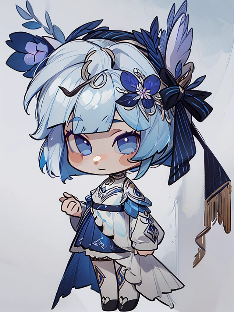 chibi, front facing, full body, solo, masterpiece, best quality, extremely detailed, detailed background, detailed face, 1girl, pale skin, long blue hair, deer ears, white deer horns, white elegant dress, blue flower, good finger, perfect face, intricate details, mystical forest theme