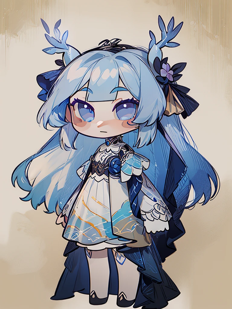 chibi, front facing, full body, solo, masterpiece, best quality, extremely detailed, detailed background, detailed face, 1girl, pale skin, long blue hair, deer ears, white deer horns, white elegant dress, blue flower, good finger, perfect face, intricate details, mystical forest theme