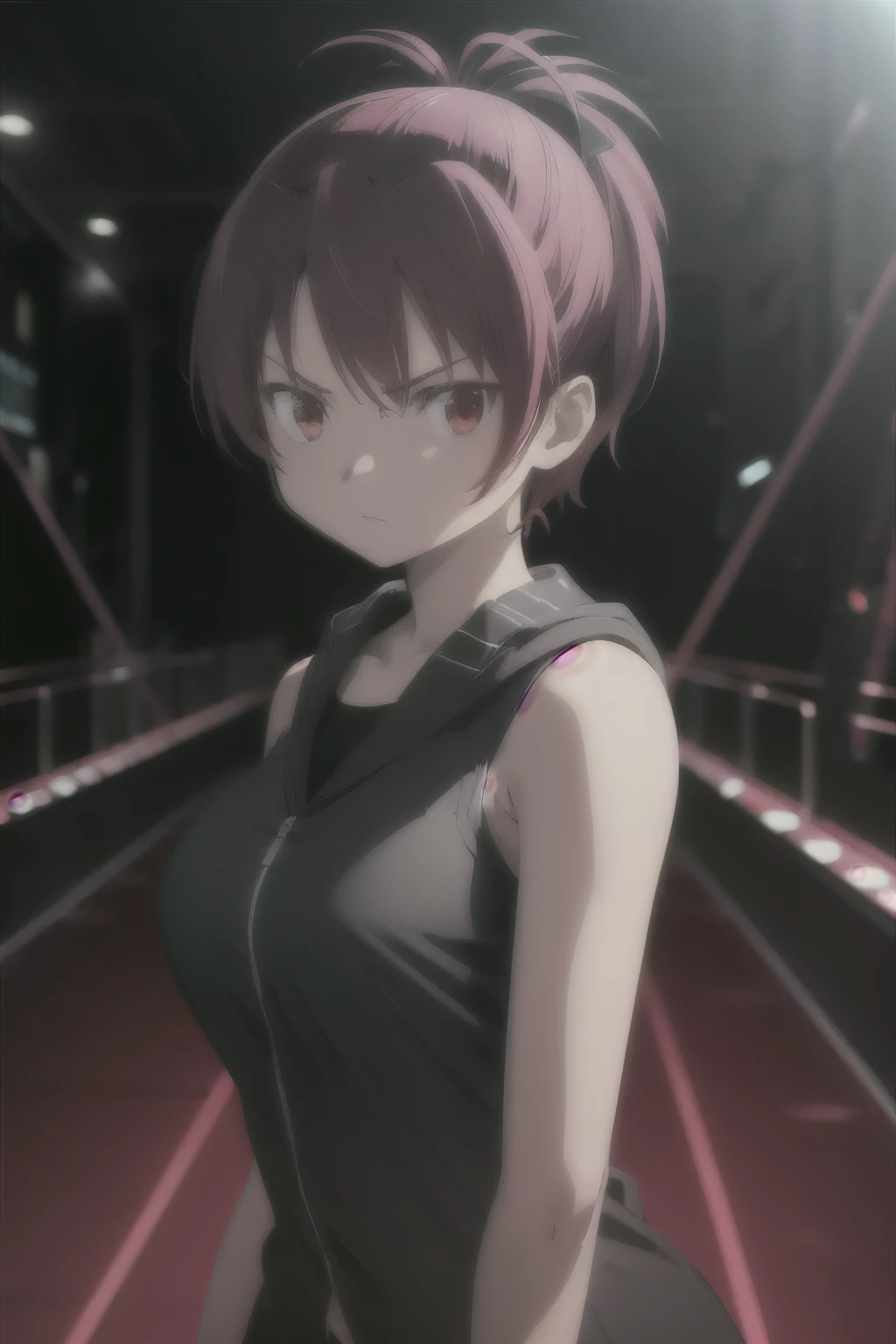 1woman, short red hair, red eyes, serious expression, tomboy, big breasts, athletic, wearing black sci fi coat, tank top, isolated on completely pitch black background, absurdres, high res, ultrasharp, 8K, masterpiece, looking at viewer, HDR, sci-fi, professional, vivid colors, sharp focus, studio lighting, absurdres, bokeh, static