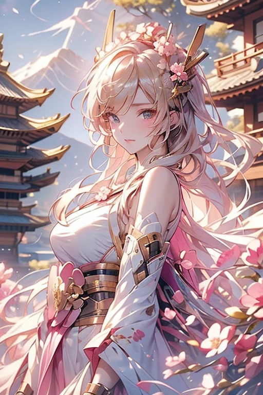 A young woman with blonde hair and tattoos on her arms and chest, wearing a kimono. She has a katana strapped to her back and is looking at the camera with a serious expression. In the background, a beautiful landscape with a lake in the foreground and a pagoda. The sky is full of pink clouds and the mountains are covered in pink and white flowers. The overall atmosphere is peaceful and serene. The image appears to be a digital illustration.