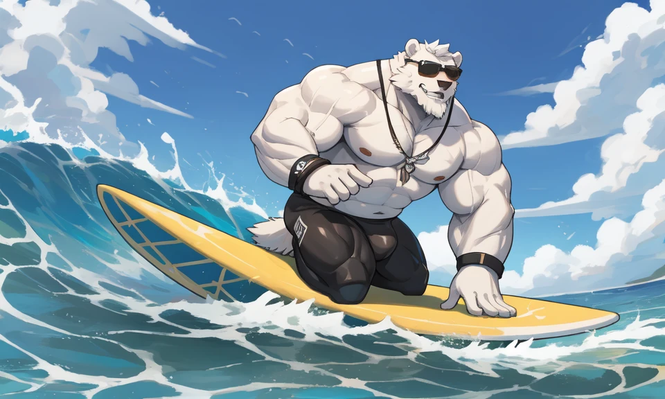 solo, 1boy, Huge Muscular White Polar Bear Dad wearing black sunglasses, huge white fur, pectoral, huge pectoral, wide pectoral, short white hair, black competitive briefs, short black wristbands and shirtless topless, bearded, white Mustache, white fur, tooth necklace, professional surfer, surf board, background, masterpiece, high detailed, 8k, high resolution, at the ocean, surfing the waves, riding the surfboard, gliding on the surfboard, being totally radical, surf's up dudes