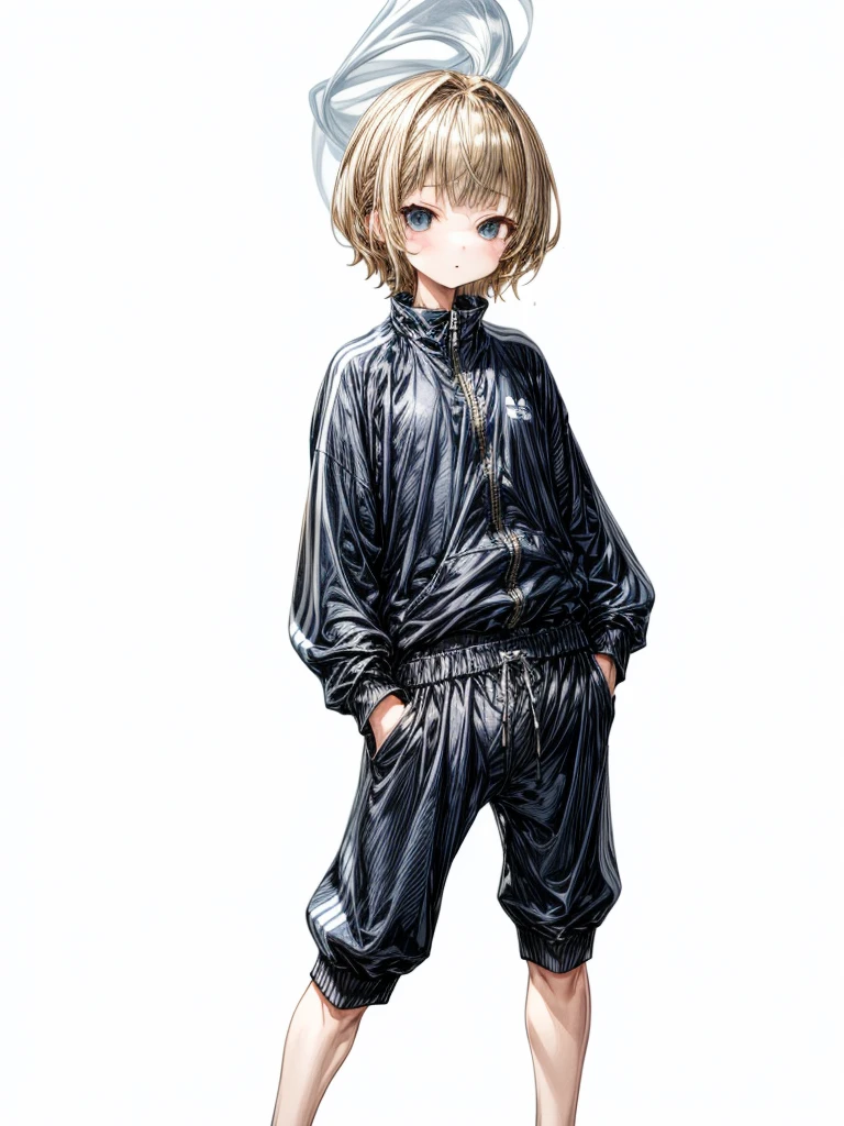 whole body、Navy blue tracksuit、Black shorts、Dynamic Napause、Blonde Hair、Girl's Room、Navy blue tracksuit、Blonde Hair、Shortcuts、Side hair is curled inward、Curly hair along the jawline、Navy blue jersey_White line with thin yellow border from shoulder to wrist、Black shorts、