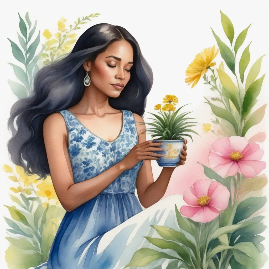 a watercolor illustration,In the image, there is a young black woman with long, dark hair. She is holding a small potted plant in her hands. The plant is green and has pink and yellow flowers. The woman is wearing a blue dress. The background of the image is white. The woman appears to be in a peaceful and serene environment. The image does not contain any text. The woman seems to admire the plant she holds in her hands. The colors in the image are vibrant and the overall mood of the image is calm and relaxing.