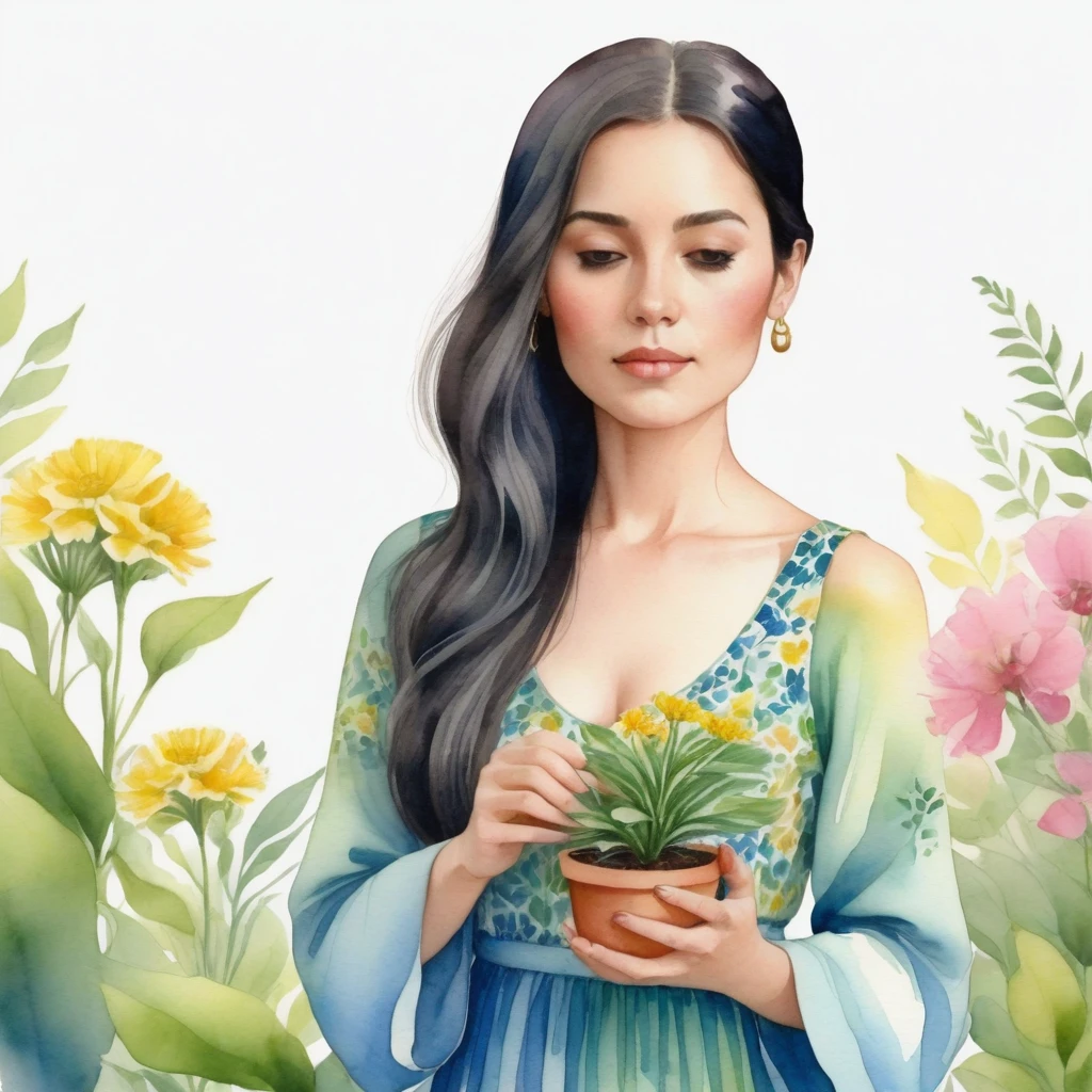 a watercolor illustration,In the image, there is a young black woman with long, dark hair. She is holding a small potted plant in her hands. The plant is green and has pink and yellow flowers. The woman is wearing a blue dress. The background of the image is white. The woman appears to be in a peaceful and serene environment. The image does not contain any text. The woman seems to admire the plant she holds in her hands. The colors in the image are vibrant and the overall mood of the image is calm and relaxing.