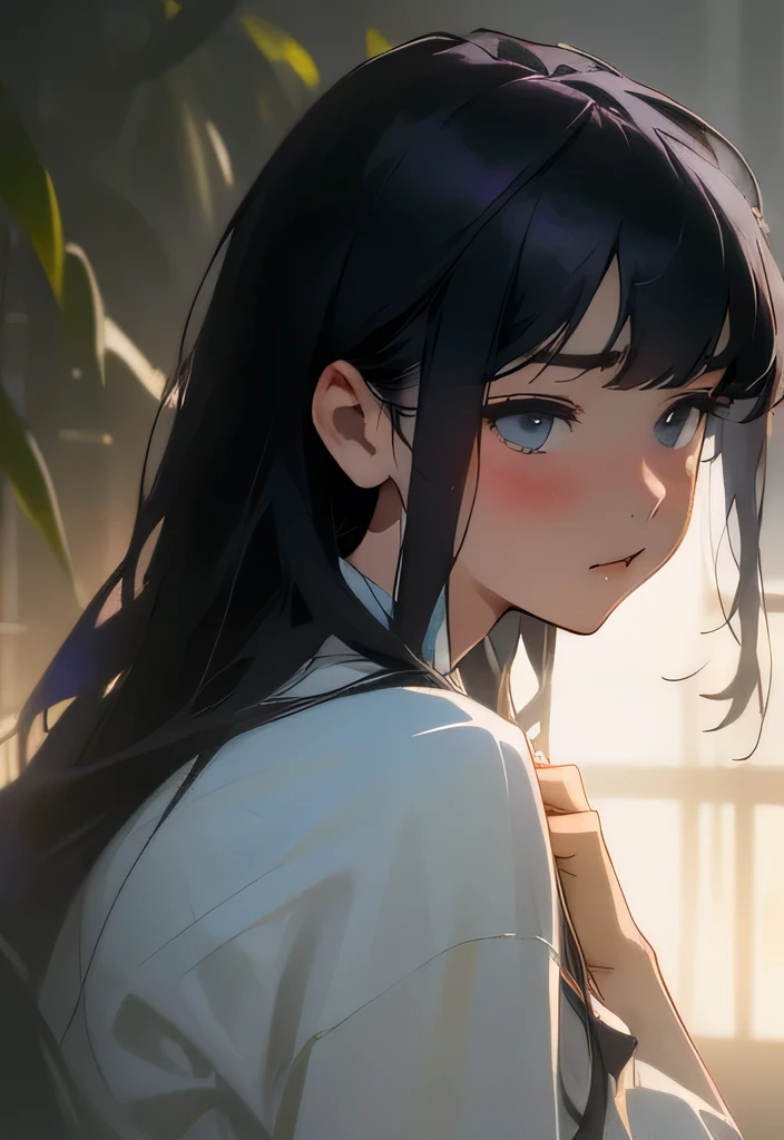 ((masterpiece)), (best quality), (absurdres), (photorealistic:1.4), black hair, yamamura_sadako,  dress, (fair skin), bangs, purple eyes, beautiful, warm lighting 