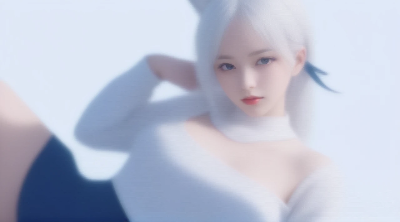 1 girl, WLOP, (blindfolded), breastsout, neckleace, neckleace cutout, dress cutout, greenery background, hair between the eyes, headband, high resolution, juliet sleeves, long sleeves, mer (Series), mer automata, fluffy sleeves, Red lips, shadow face, shorth hair, standing alone, high collar sweater, trunk, I blue hair, sky, white fox ears, white fox tail, nine tail fox,