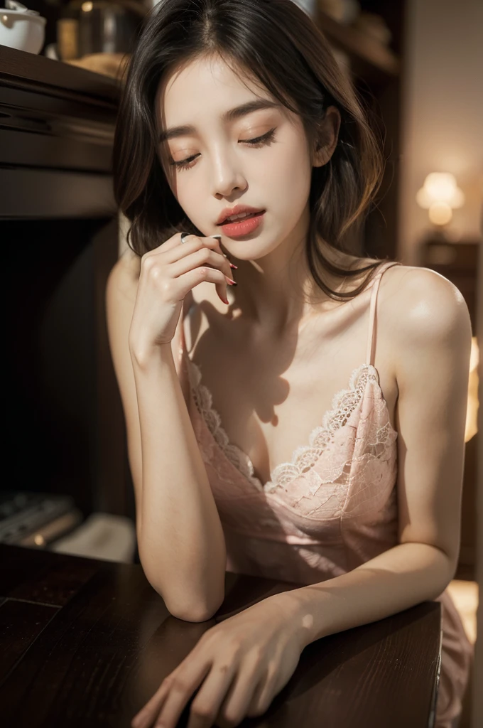 (((best quality))),(((ultra detailed))),(((masterpiece))),illustration,((1 beautiful young girl,solo,)),((slim,thin)),((small breasts,flat chest)),(shoulder length straight bob hair:1.2),(round face:1.2),delicate, sitting on the chair beside the dining table,(lace pajama dress:1.3),luxurious, exquisite, smooth skin, delicate facial features, pouted lips, doll-like appearance,(a cup of coffee:1.3), blinking,((close eyes,open mouth,female orgasmic,blush,ahegao, tongue sticking out)), exhaling, soft light, warm glow, pitch-black kitchen, dim light, eerie atmosphere, mysterious, soft hum, air conditioner, ticking clock, tranquil, ominous, otherworldly feel,darkness, loneliness, unaware, world outside,(from front,upper body),(night scene:1.5)
