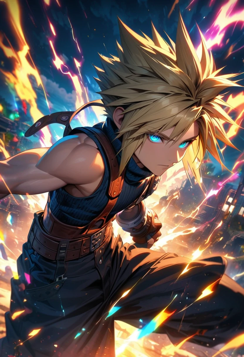 Symetrical,absurdres, highres, ultra detailed, HDR, masterpiece, extremely detailed face and eyes, Cloud Strife,final fantasy 7, yellow hair , , solo, man, handsome, ,, , Epic fight scene, colorful lightning effect, glowing glitters, colorful splashing effect, colorful flames,