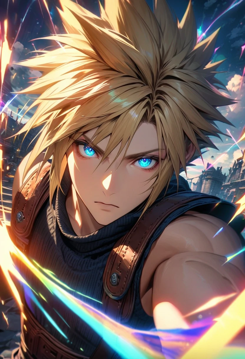 Symetrical,absurdres, highres, ultra detailed, HDR, masterpiece, extremely detailed face and eyes, Cloud Strife,final fantasy 7, yellow hair , , solo, man, handsome, ,, , Epic fight scene, colorful lightning effect, glowing glitters, colorful splashing effect, colorful flames,